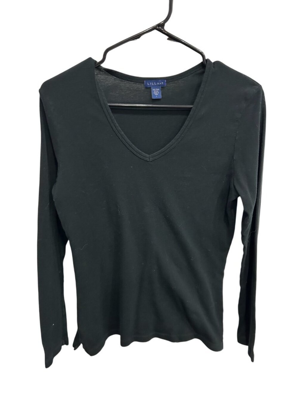 Lilla P Womens Black Long Sleeve V Neck Pima Cotton Shirt SZ Large